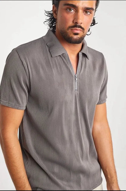 Grey pleated polo with zippered collar