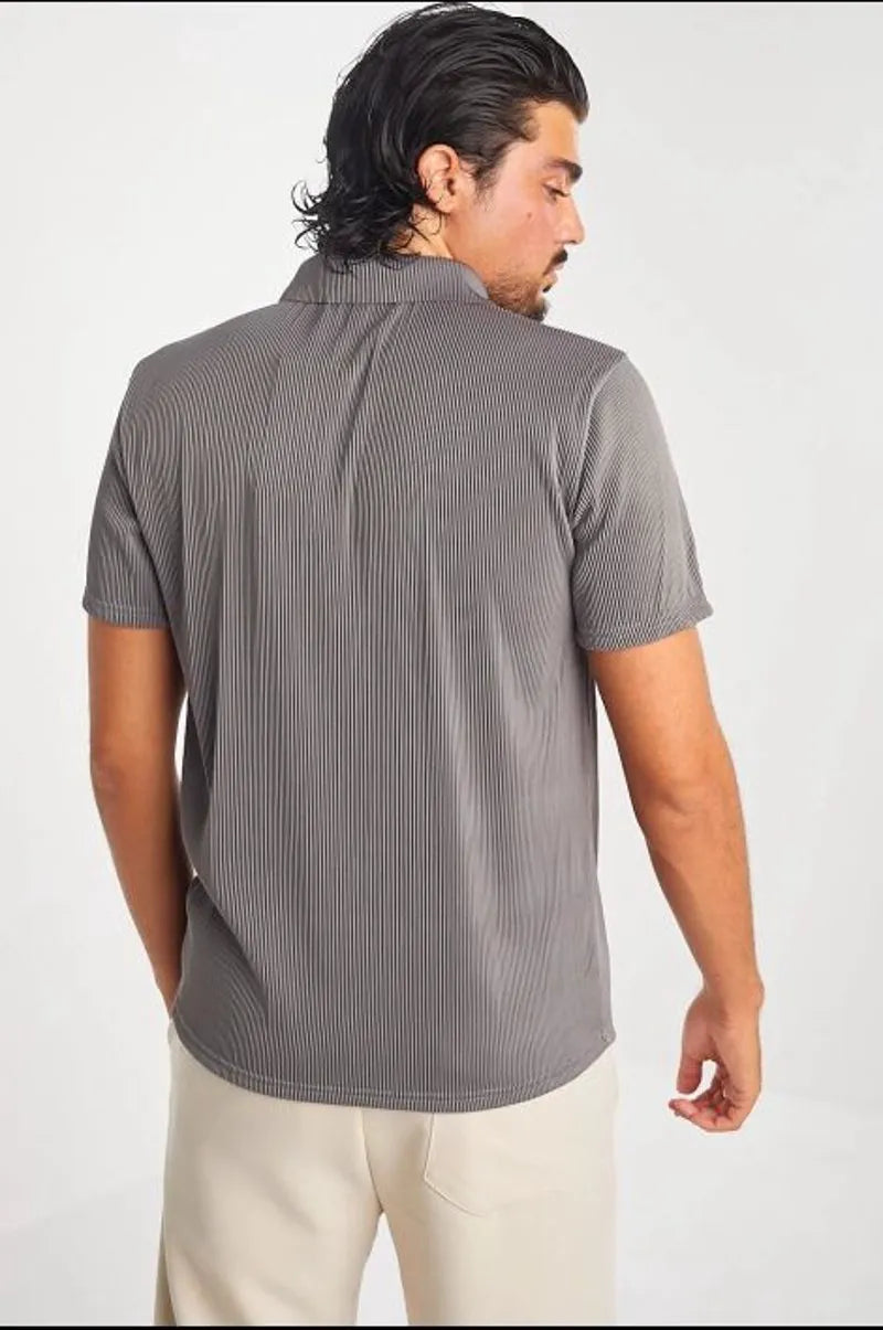 Grey pleated polo with zippered collar
