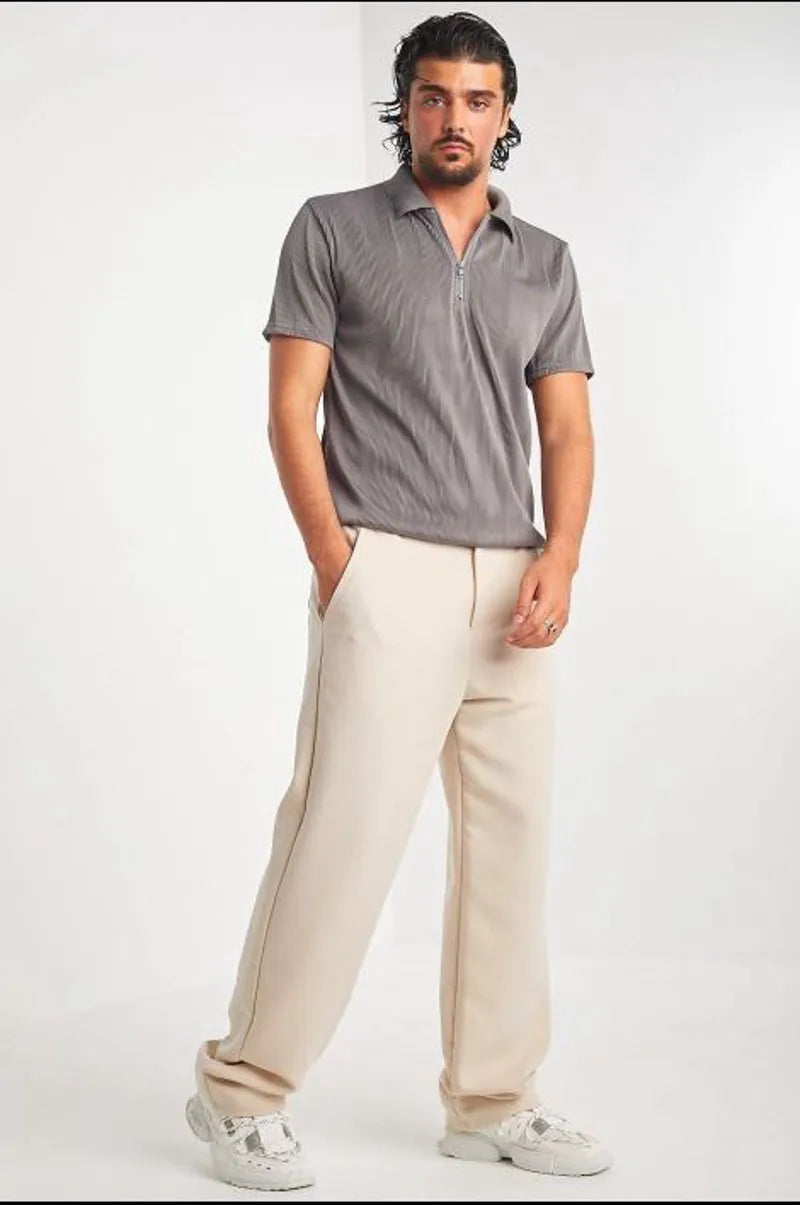 Grey pleated polo with zippered collar