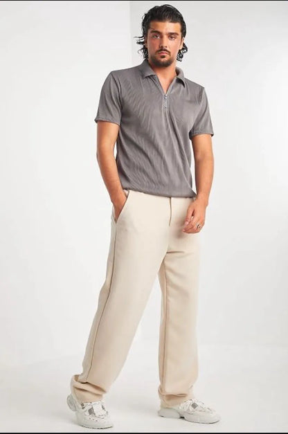 Grey pleated polo with zippered collar