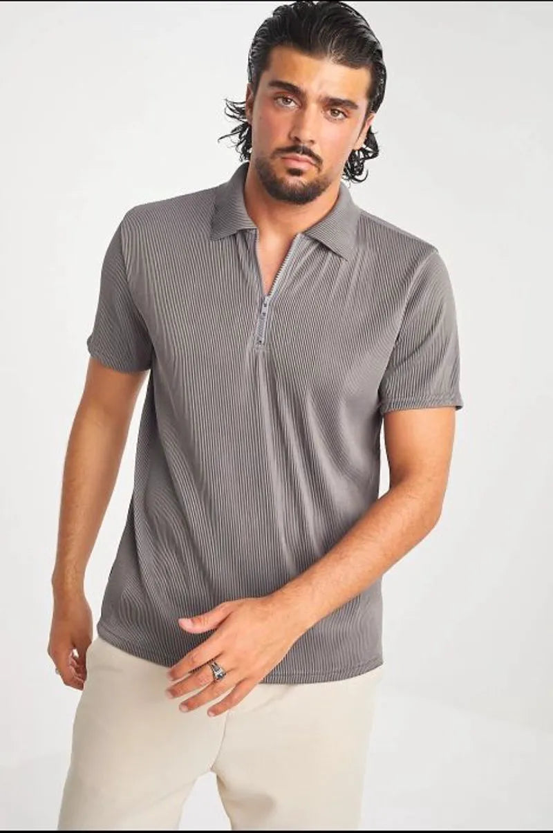 Grey pleated polo with zippered collar