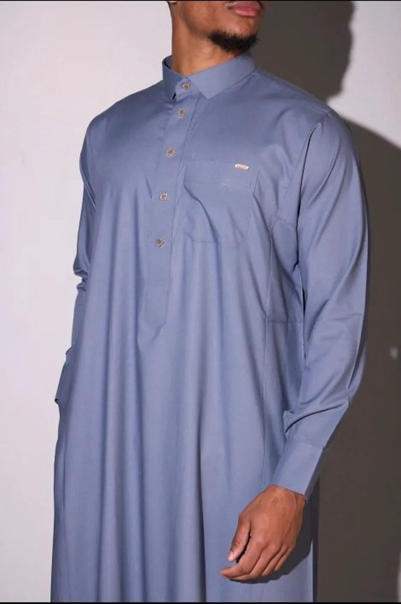 Gray qamis with square golden buttons