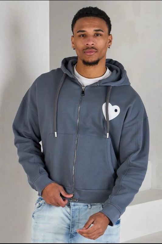 Gray hooded zip-up vest with white heart pattern