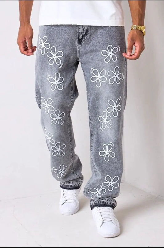 Gray straight-cut jeans with white floral embroidery