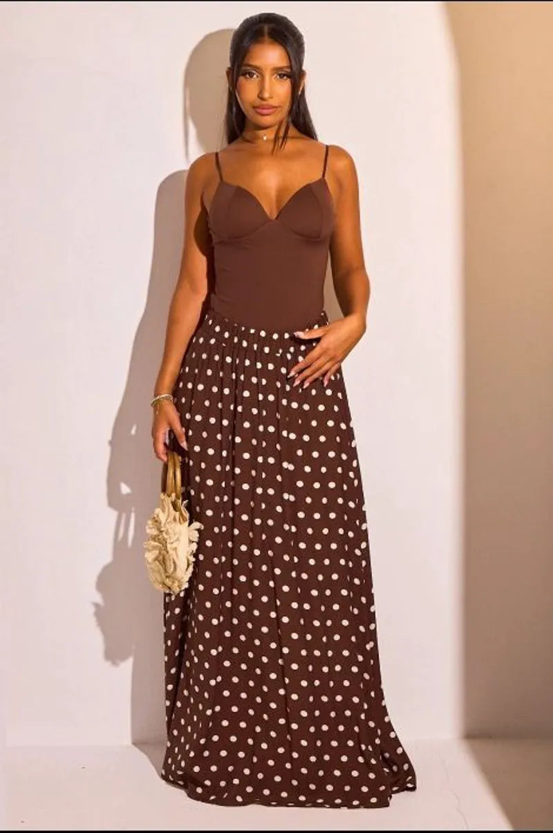 Jupe longue effet voile marron à pois blancs