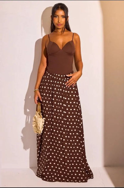 Jupe longue effet voile marron à pois blancs