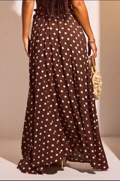Jupe longue effet voile marron à pois blancs