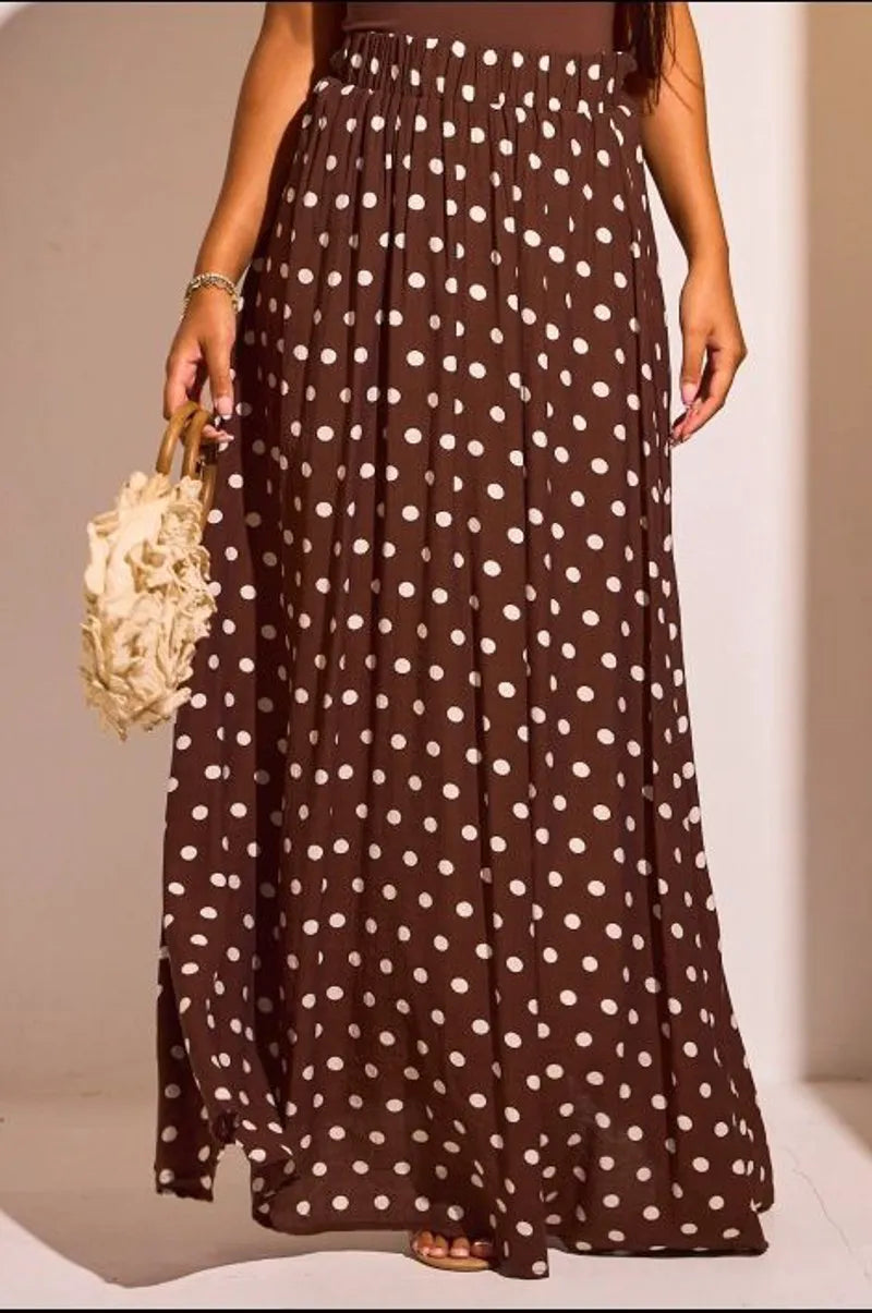 Jupe longue effet voile marron à pois blancs