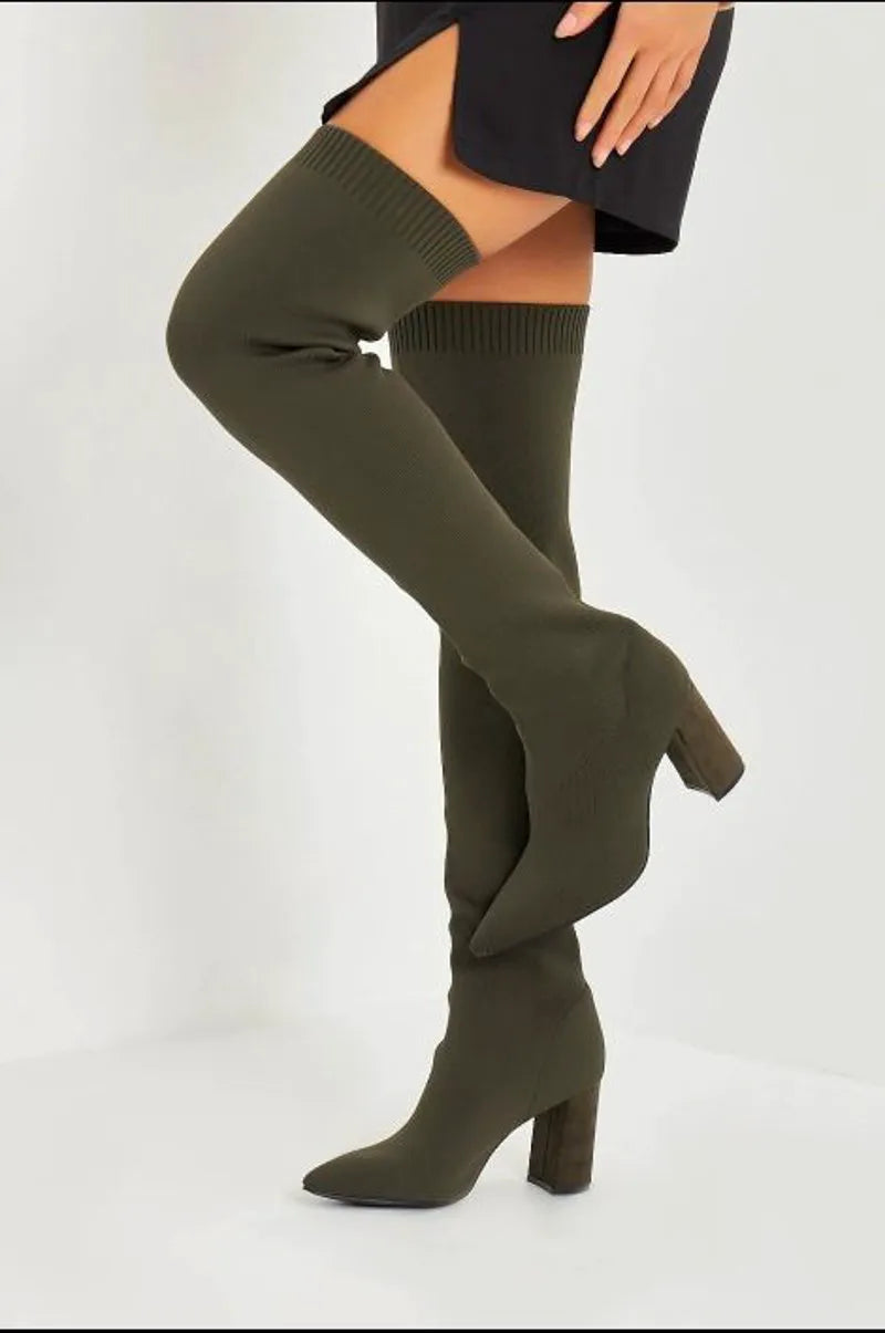 Khaki sock-style over-the-knee boots with block heels