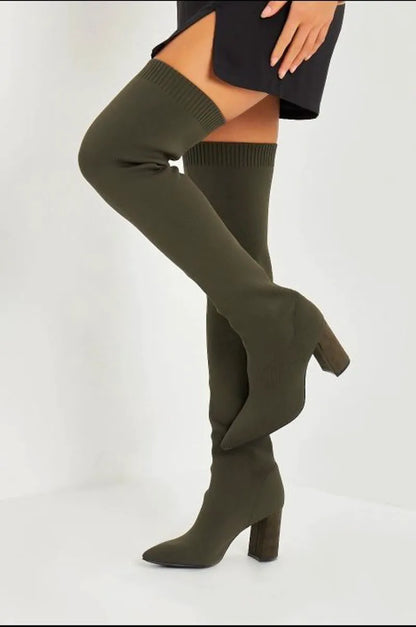 Khaki sock-style over-the-knee boots with block heels