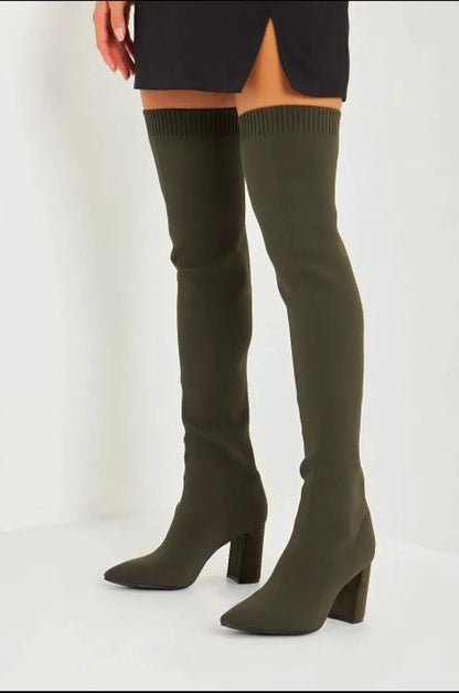 Khaki sock-style over-the-knee boots with block heels