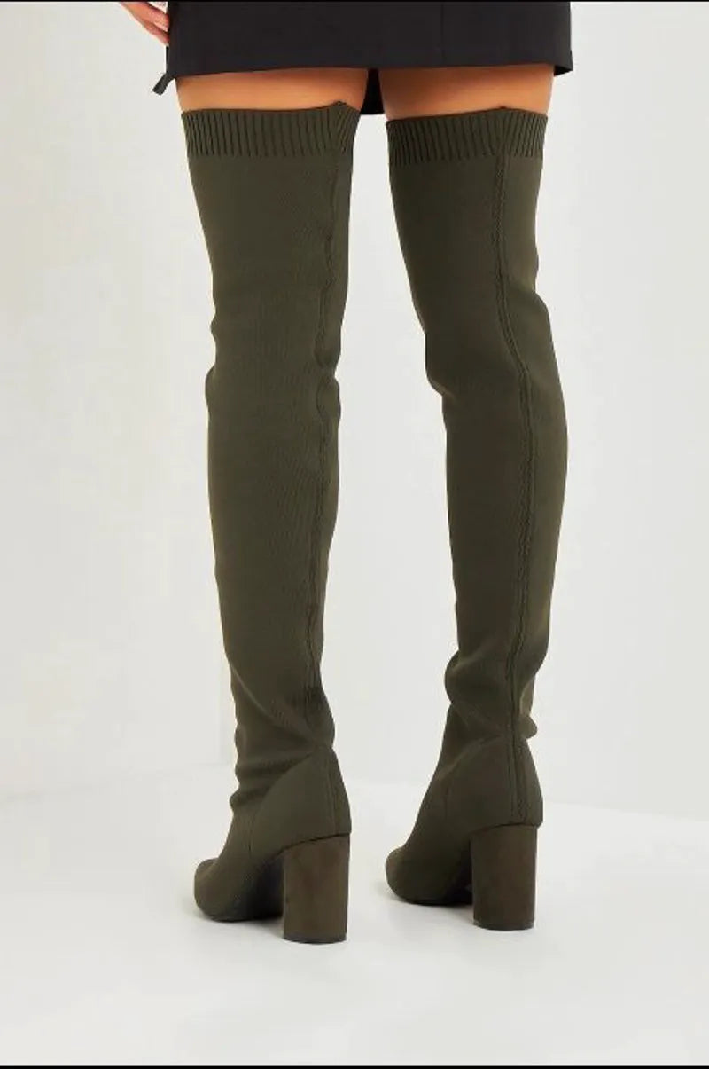 Khaki sock-style over-the-knee boots with block heels