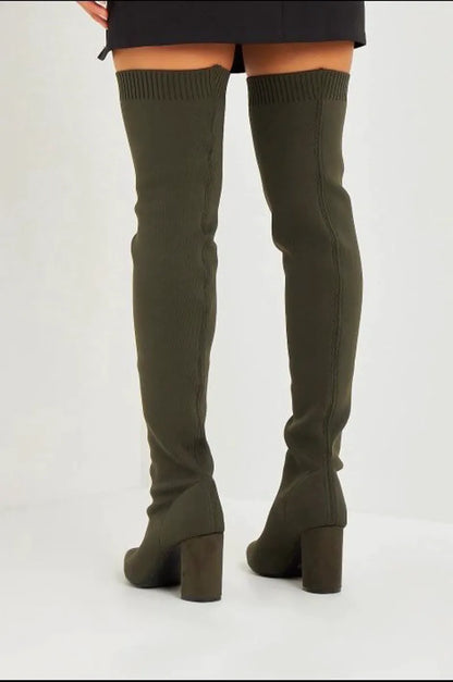Khaki sock-style over-the-knee boots with block heels