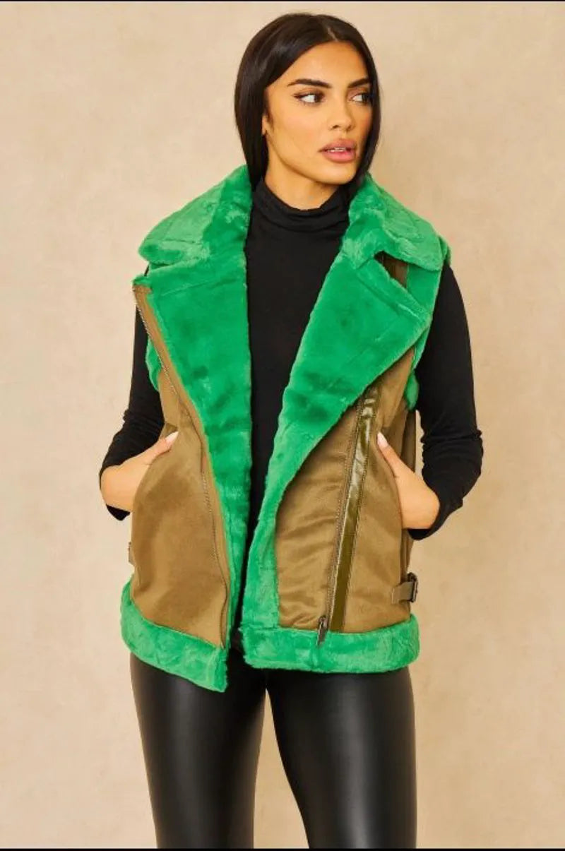 Khaki suede sleeveless aviator jacket with green fur
