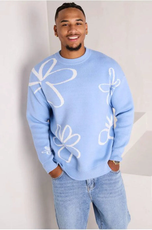 Light blue floral-patterned knit sweater