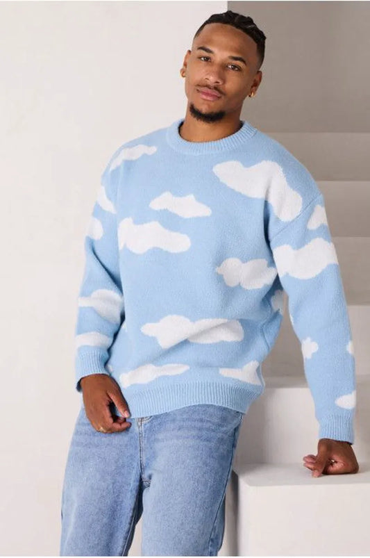 Light blue cloud pattern knit sweater