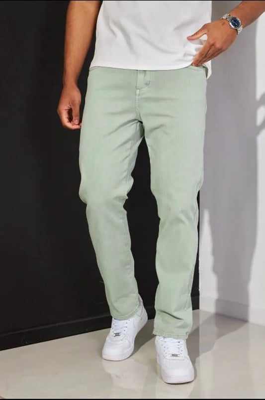 Light green straight-cut jeans with pockets