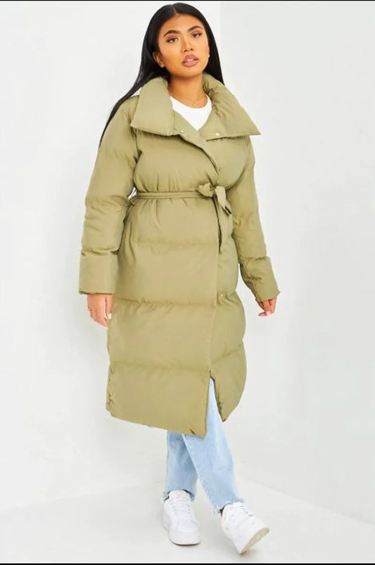 Long belted khaki down coat