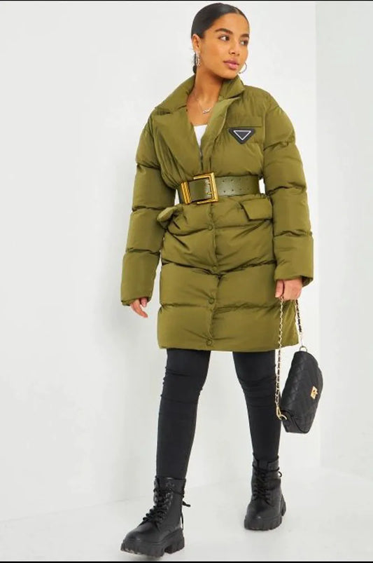 Long belted khaki puffer jacket