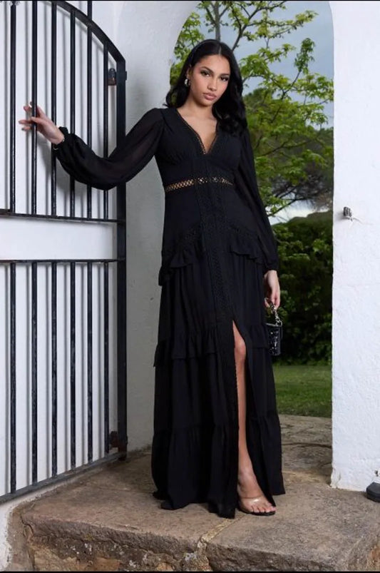 Long black dress with crochet yoke