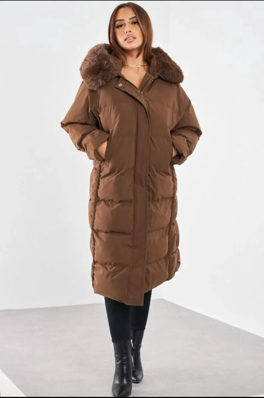 Long brown hooded down jacket