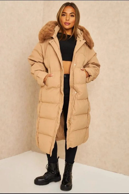 Long camel hooded puffer jacket