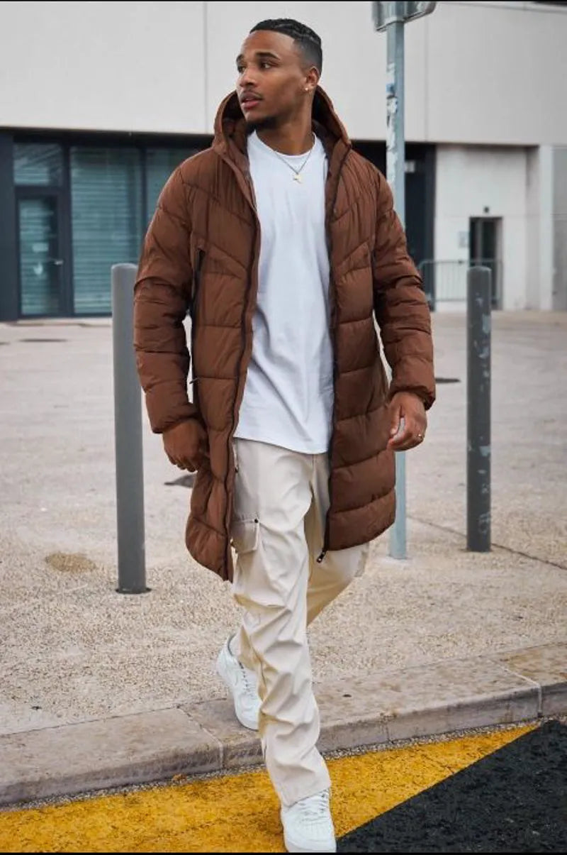 Long quilted brown down jacket with hood
