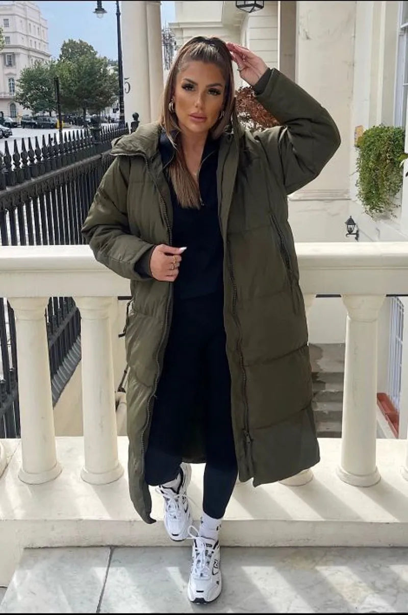 Long quilted khaki down coat with double zipper closure