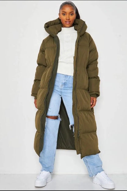 Long quilted khaki down coat with double zipper closure