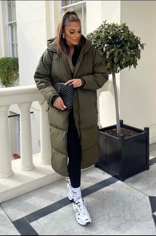 Long quilted khaki down coat with double zipper closure