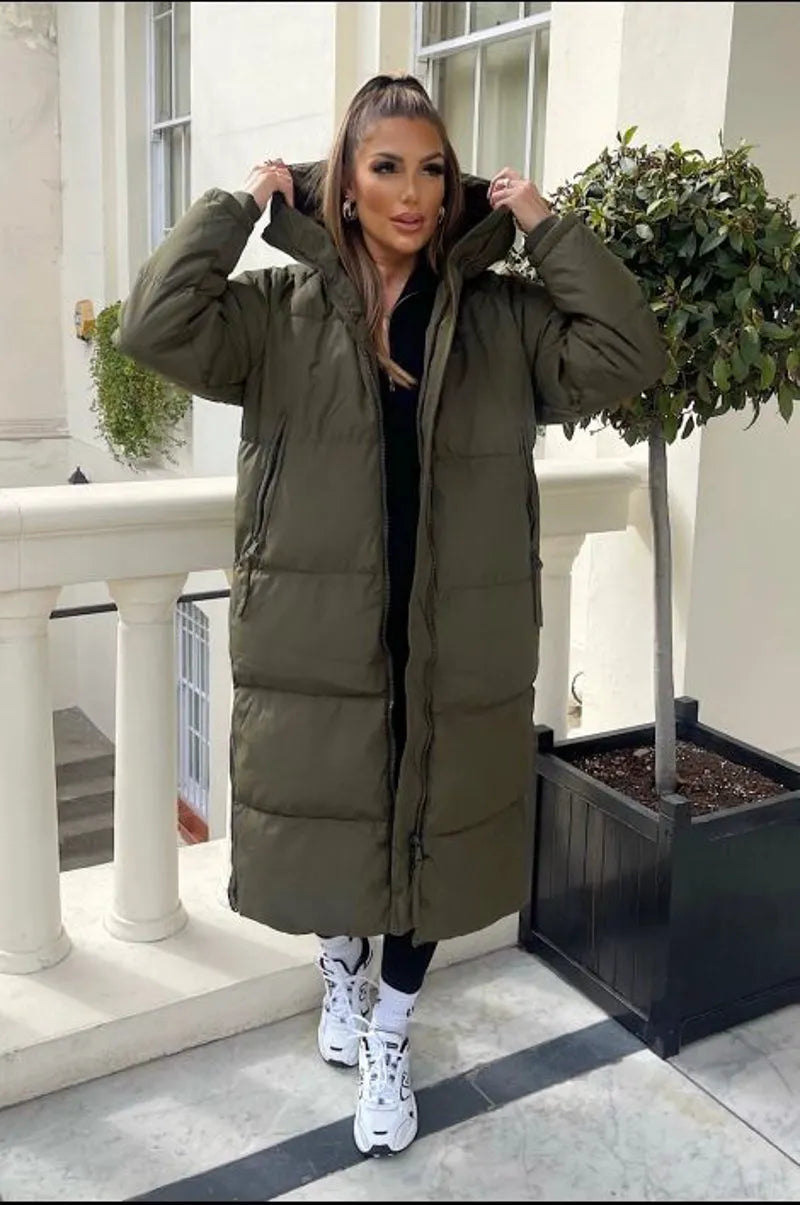Long quilted khaki down coat with double zipper closure