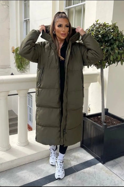 Long quilted khaki down coat with double zipper closure