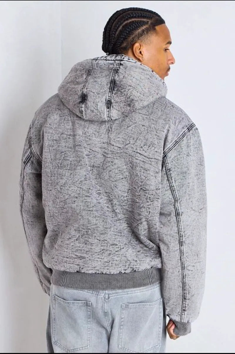 Short gray distressed denim coat