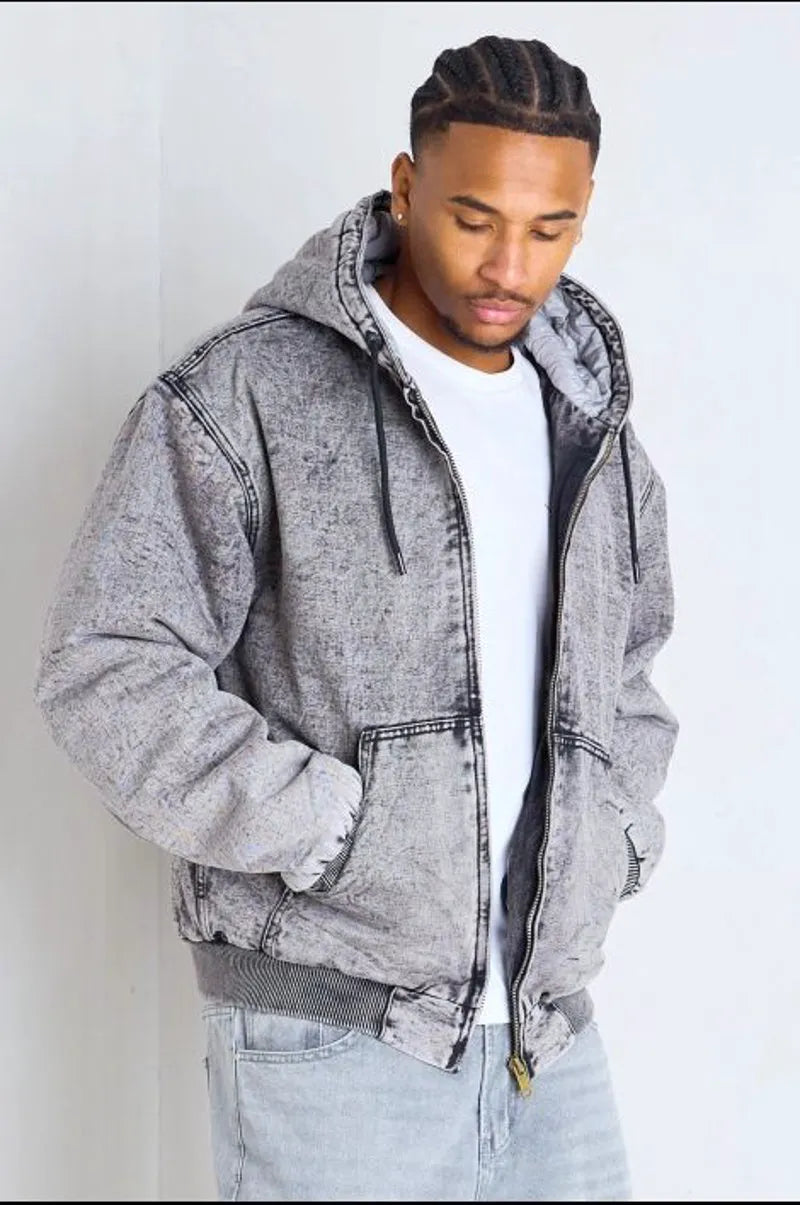 Short gray distressed denim coat