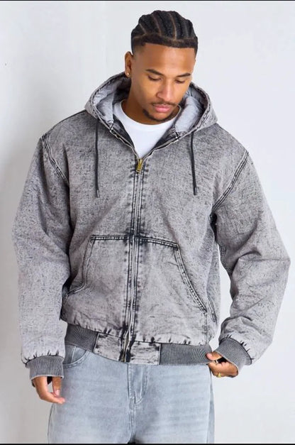 Short gray distressed denim coat