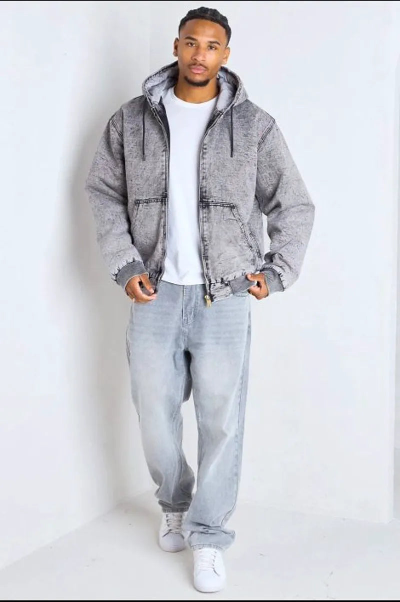 Short gray distressed denim coat