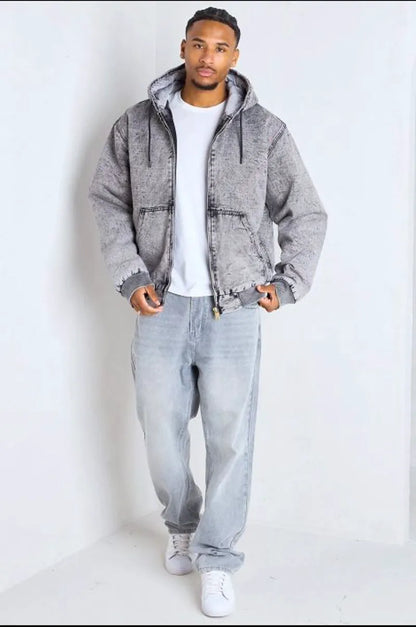 Short gray distressed denim coat