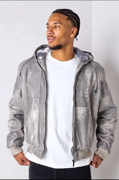 Short grey washed coat with faux fur lining