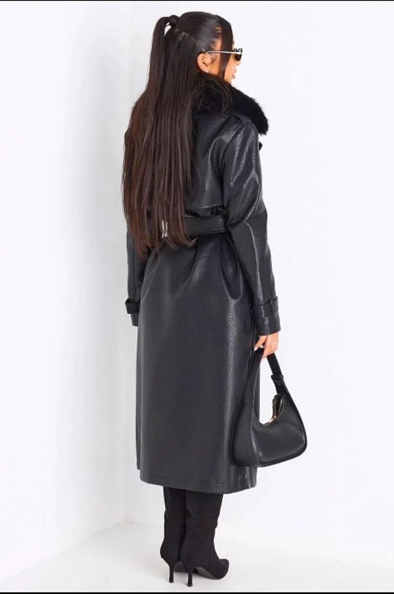 Manteau long en simili cuir noir à empiècement fourrure
