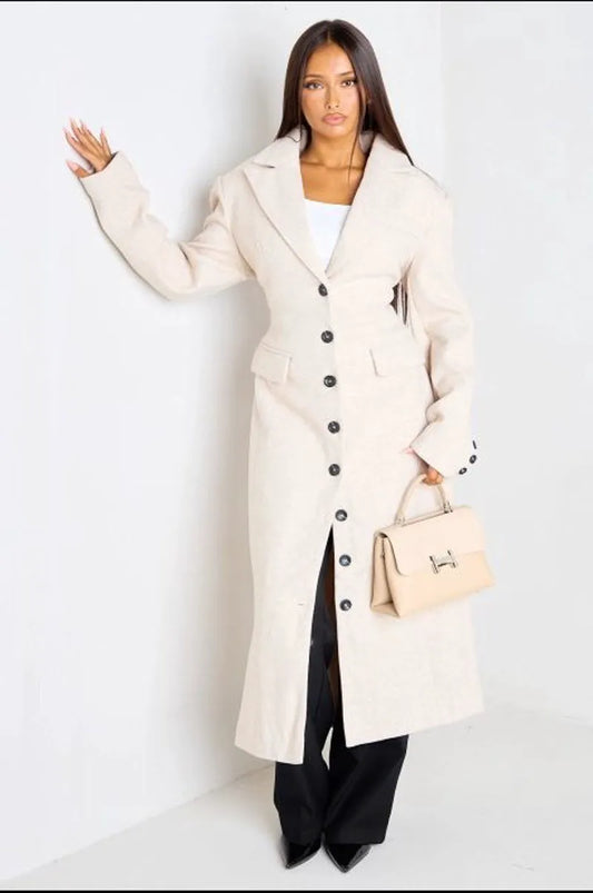 Ivory long straight-cut felt-look coat