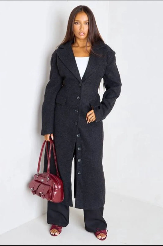 Long black straight-cut felt-look coat