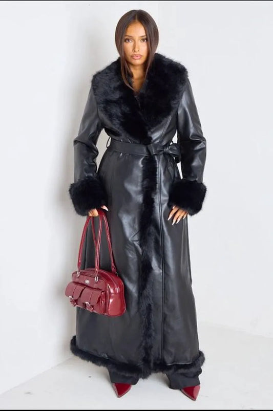 Long black faux leather coat with faux fur lining