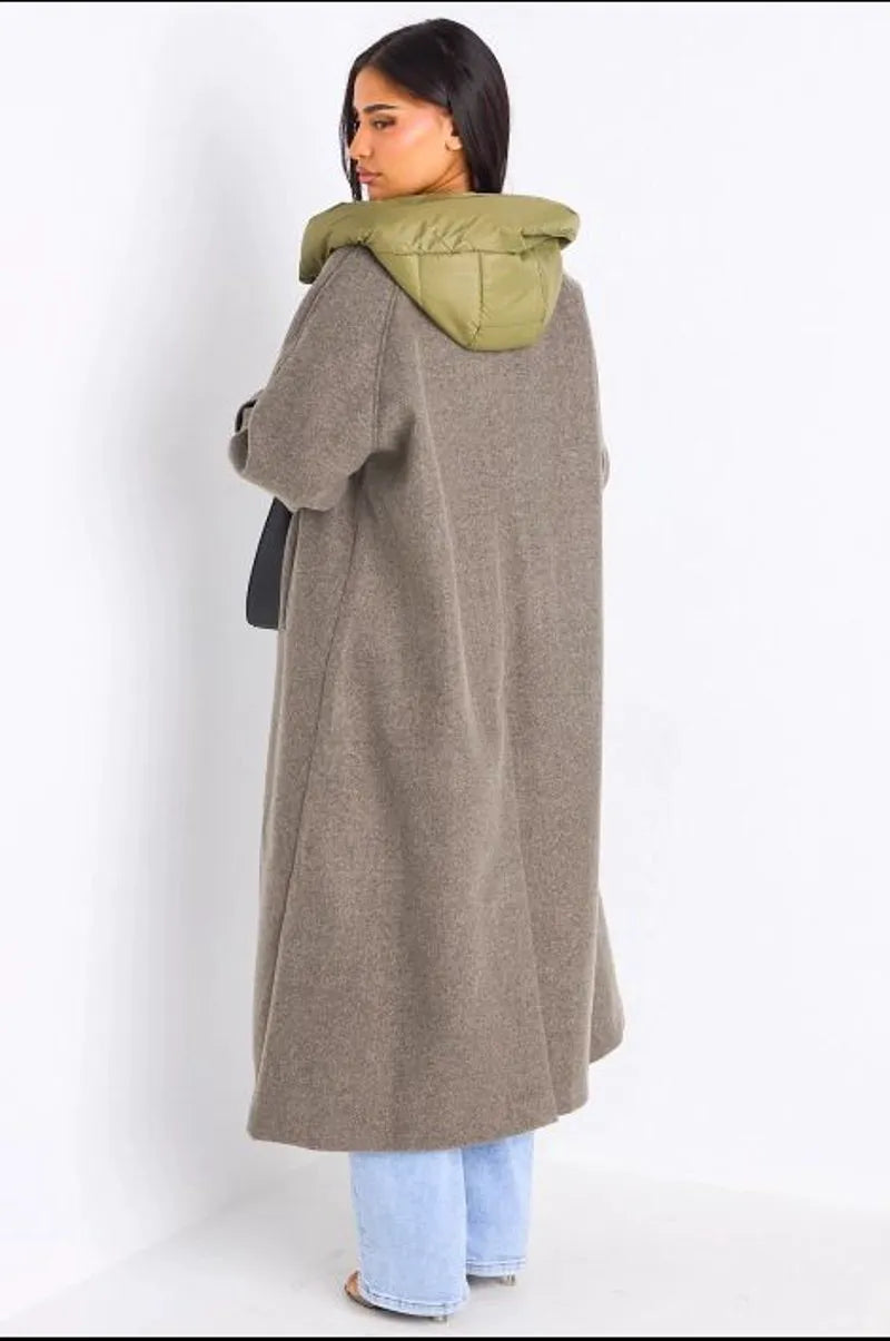 Manteau long texturé kaki à capuche bi-matière