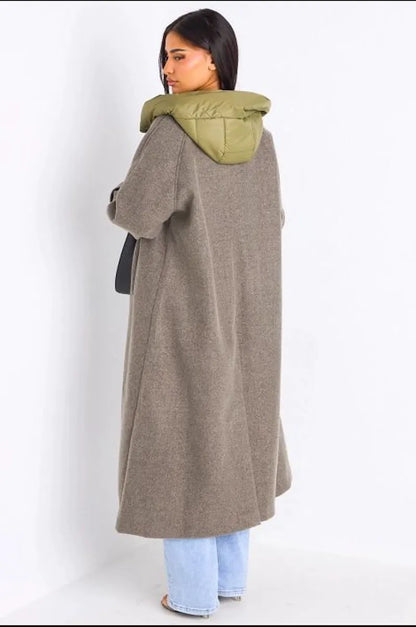Manteau long texturé kaki à capuche bi-matière