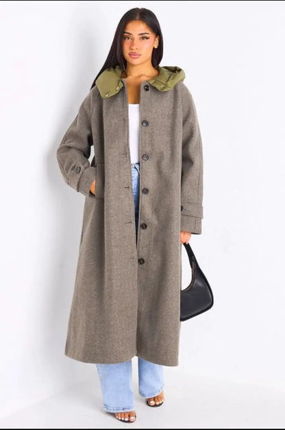 Manteau long texturé kaki à capuche bi-matière