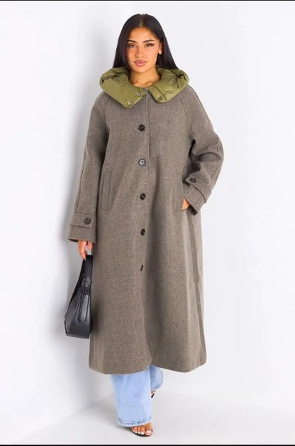 Manteau long texturé kaki à capuche bi-matière