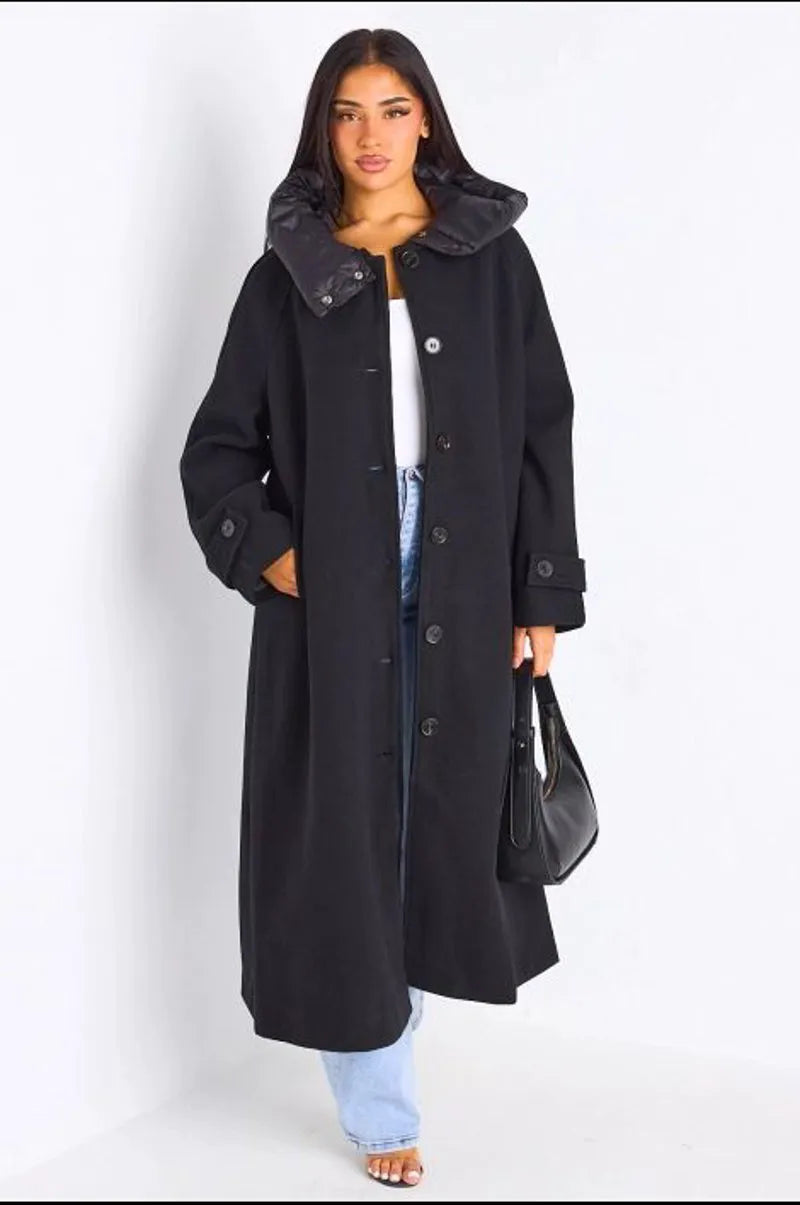 Manteau long texturé noir à capuche bi-matière