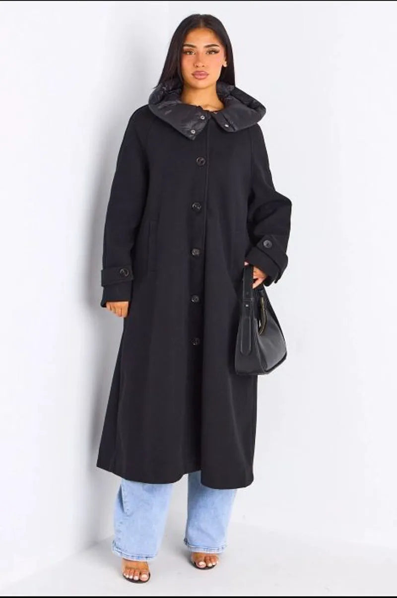 Manteau long texturé noir à capuche bi-matière