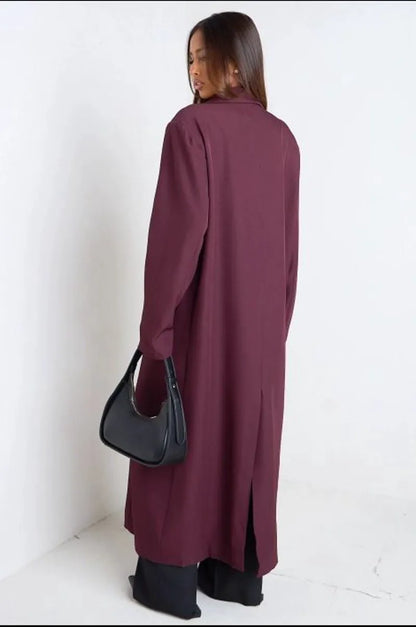Manteau long type blazer prune
