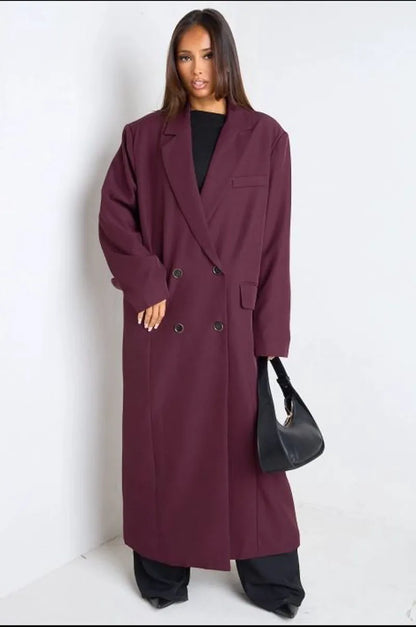 Manteau long type blazer prune